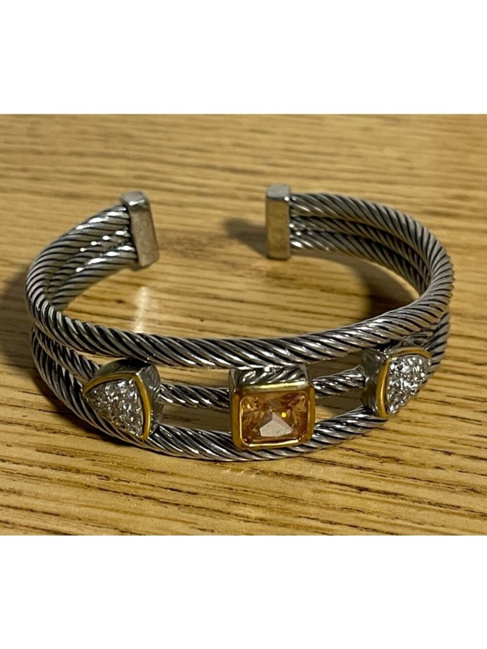 Twisted Silver Tone Cable Cuff Bracelet With Yellow & White CZ stones Silver/Gol